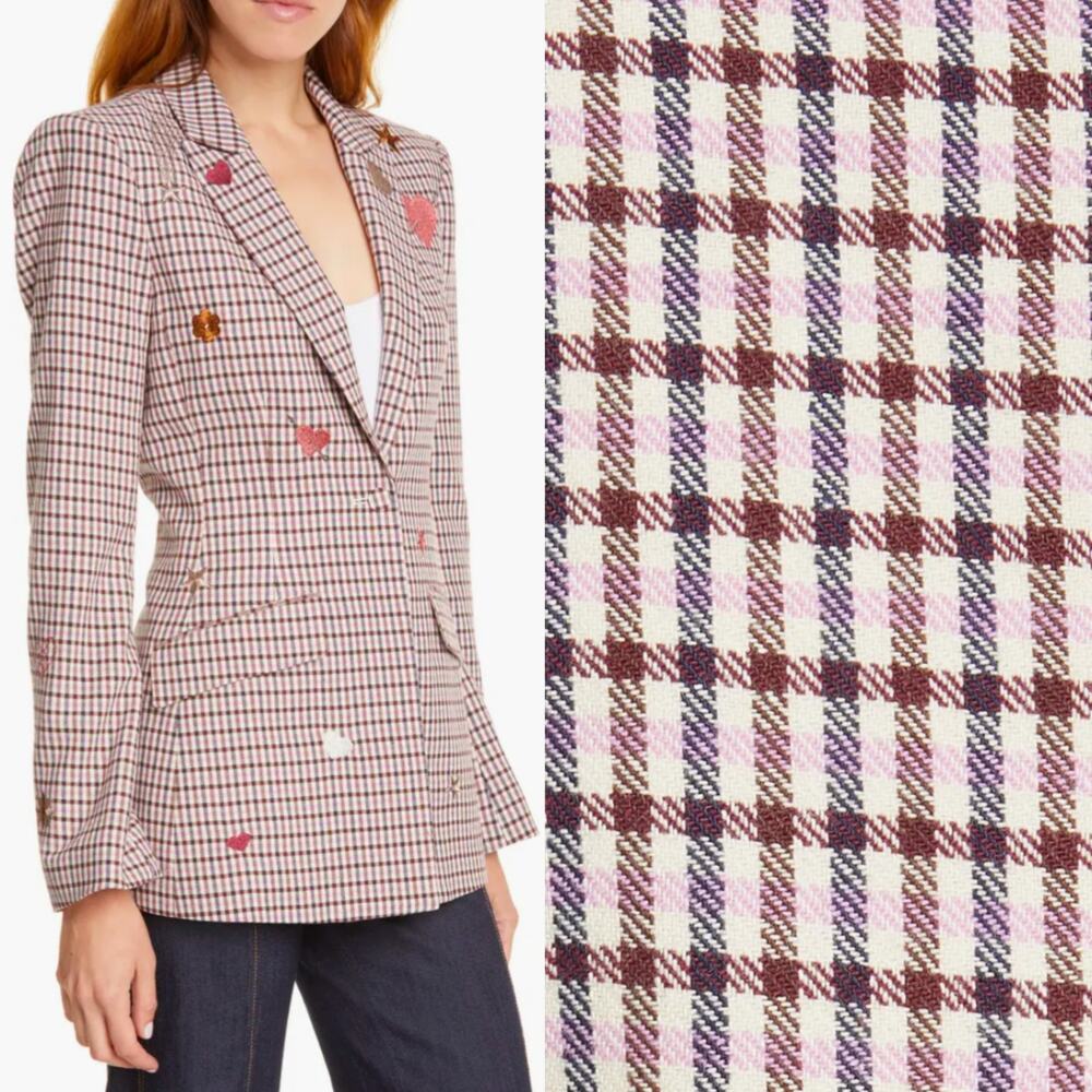 Cinq à Sept Estelle Check Plaid Pink Embroidered Metallic Single Button Blazer 0 - Picture 5 of 13